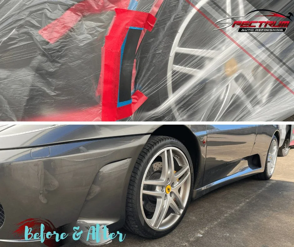 Original before-and-after comparison of a Ferrari bumper repair